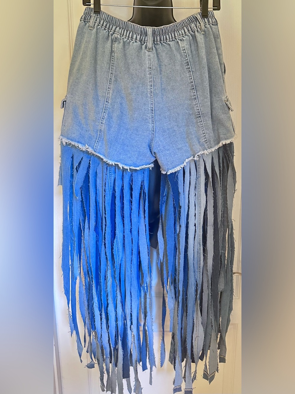 Upcycled triple Fringed Denim Shorts with Long Tassels  size L - Picture 4 of 6